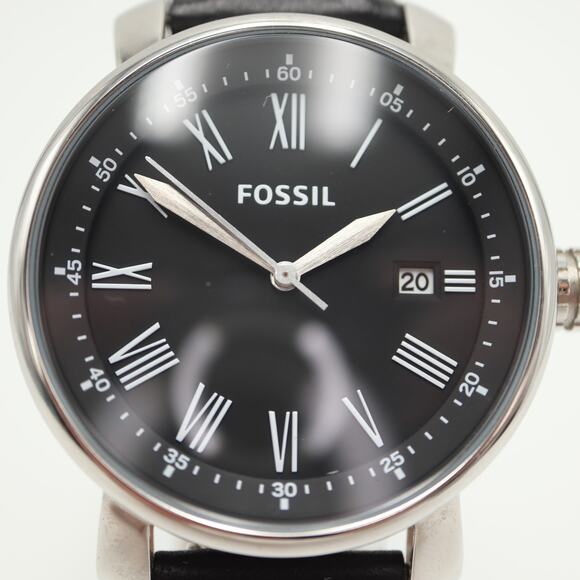 Fossil Rhett Mens Black Roman Date 42mm Watch BW1015 Black Leather w New Battery - Picture 6 of 13